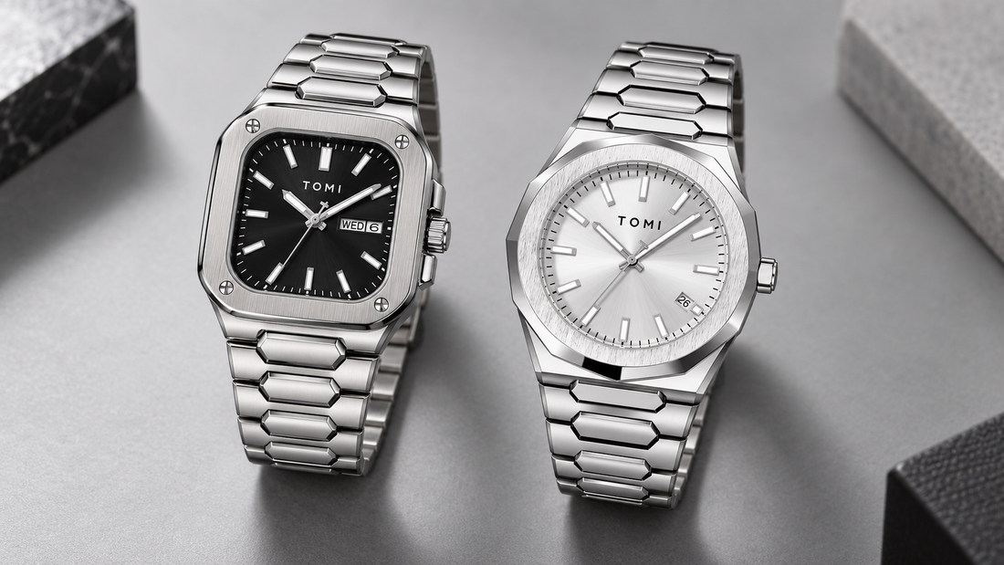 T306 Solstice Gift Set ($52.92, aço/aço, case quadrado) vs T301 Executive Timepiece ($41.20, alloy case + pulseira de aço).