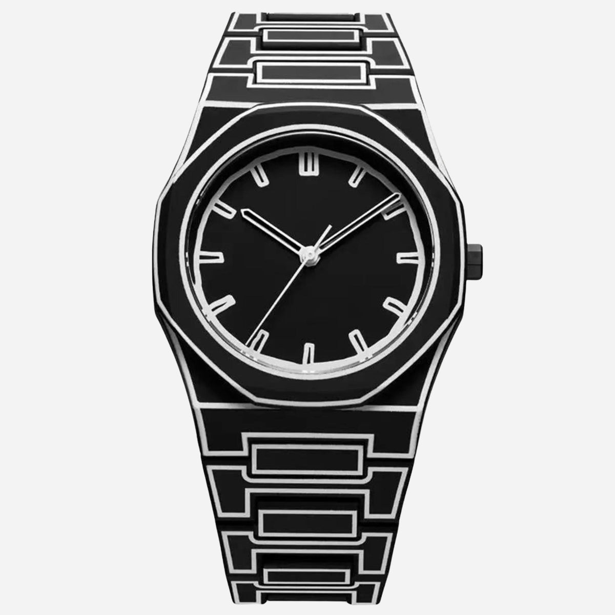 TOMI watch with octagonal case and geometric engraved steel bracelet, minimalist dial with baton hour markers and slim hands