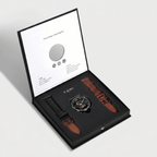 Watch set with two straps in a TOMI box on a light gray background