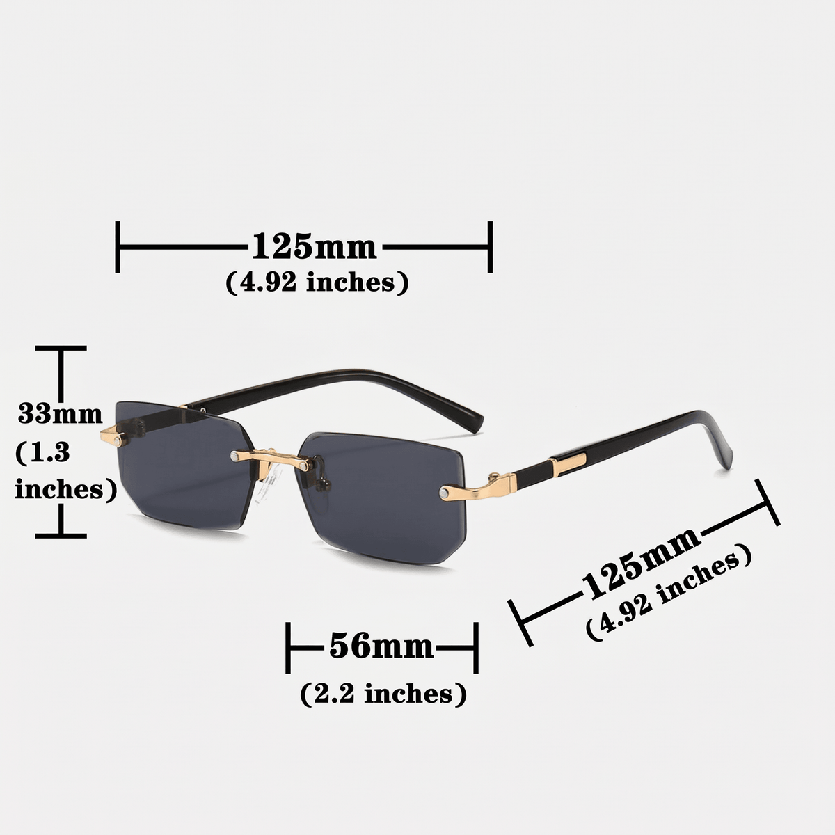Sunglasses with measurements on a white background