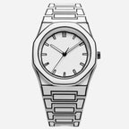 TOMI watch with octagonal case and geometric engraved steel bracelet, minimalist dial with baton hour markers and slim hands