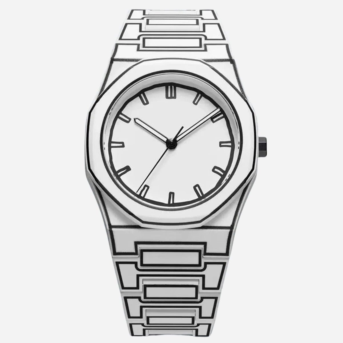 TOMI watch with octagonal case and geometric engraved steel bracelet, minimalist dial with baton hour markers and slim hands
