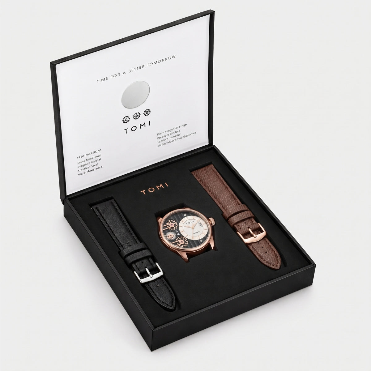 TOMI watch gift set in an open black presentation box, featuring a rose gold watch with a white dial, a black leather strap, and a brown leather strap on a light gray background.