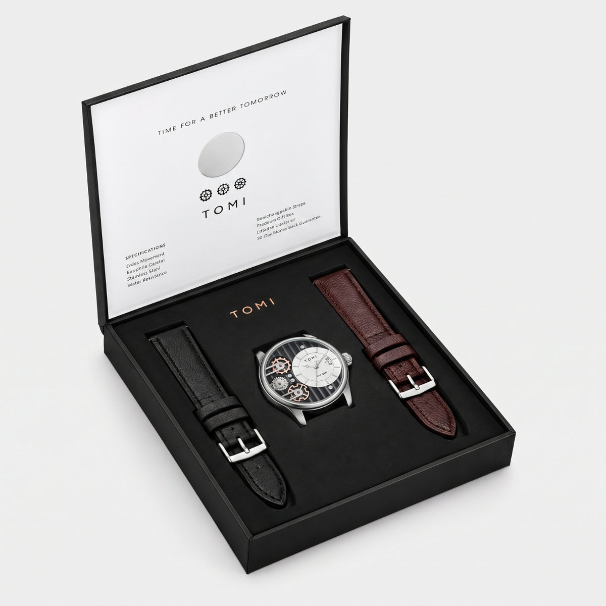 TOMI watch gift set in an open black presentation box on a light gray background. The set includes a silver-toned watch with a white dial and skeletonized movement, a black leather strap, and a brown leather strap.