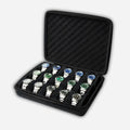 Black watch case with multiple watches on a white background