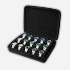 Black watch case with multiple watches on a white background