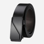 Black leather belt with a metallic buckle on a dark background