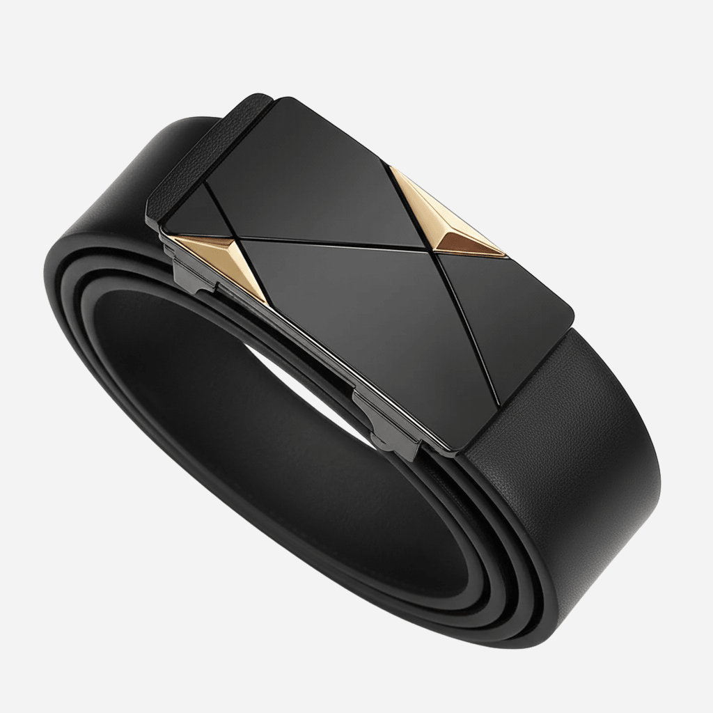 Black belt with geometric buckle on a white background