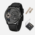 Black wristwatch with additional strap and box on a white background
