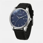 Watch with black strap and blue face on a white background