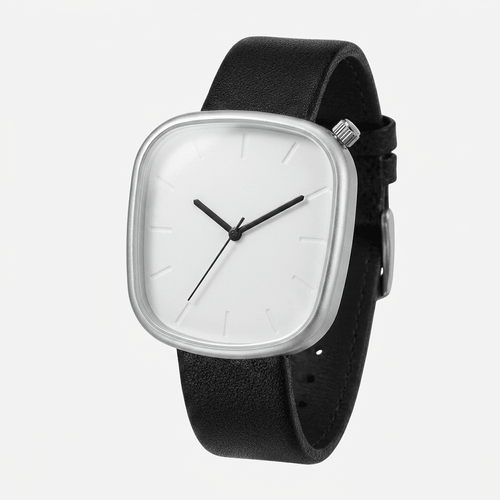 Wristwatch with black strap and silver case on a white background