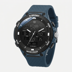 Blue digital sports watch with black dial on a light gray background