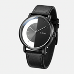 Black wristwatch with leather strap on a white background