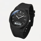 Black watch with digital display on a white background
