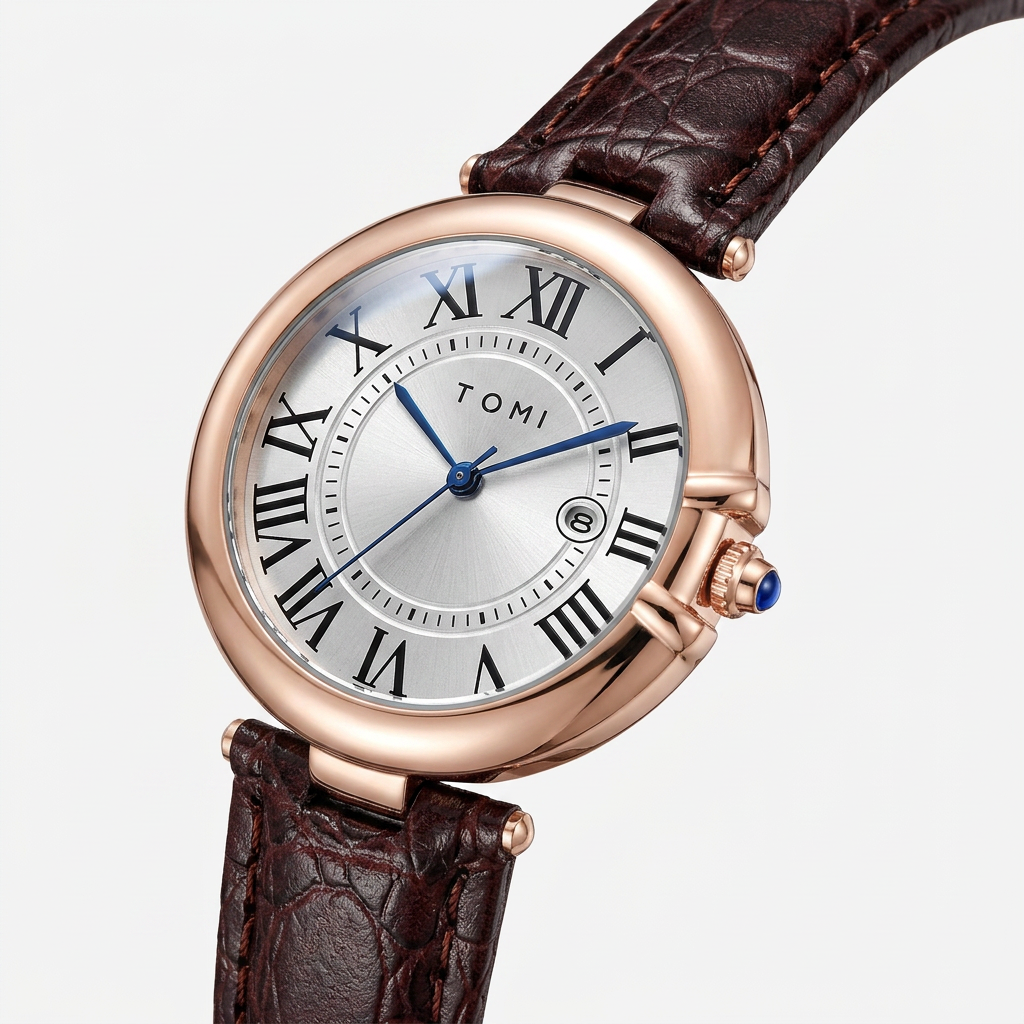 Watch with brown leather strap and rose gold case on white background