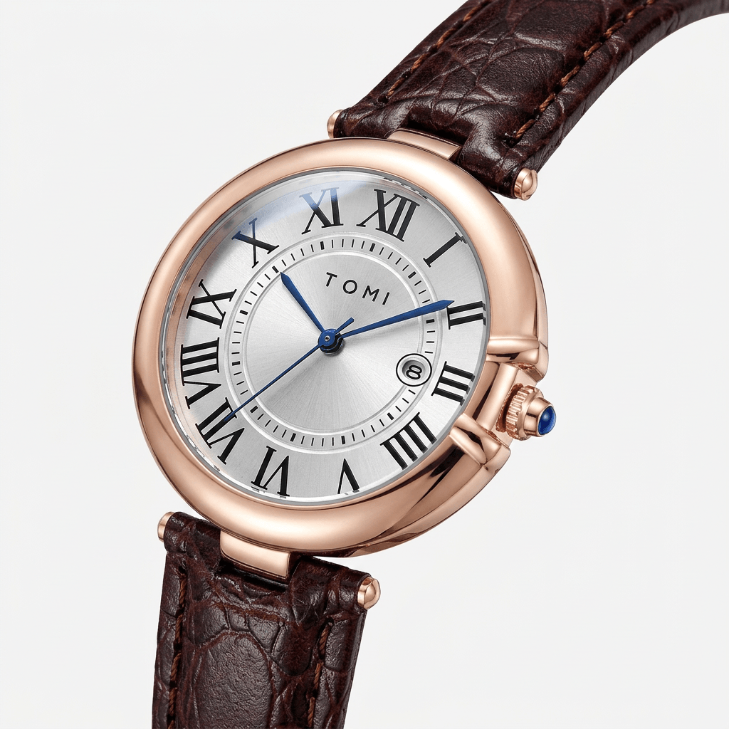 Watch with brown leather strap and rose gold case on white background