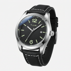 Black wristwatch with a silver case and black leather strap on a white background
