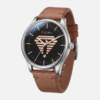 Watch with brown leather strap and black dial on a white background