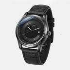 Black wristwatch with a black leather strap on a white background