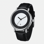 Black wristwatch with a white face on a light gray background