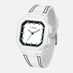 White watch with black accents on a white background