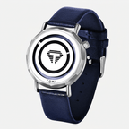 Watch with a blue strap and silver case on a white background