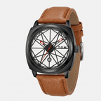 Watch with brown leather strap and geometric face on a white background