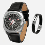 Watch and bracelet set with black leather strap and silver accents on a white background