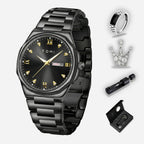 Black wristwatch with gold accents, ring, and accessories on a white background
