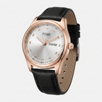 Watch with black strap and rose gold case on a white background