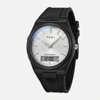Black wristwatch with digital display on a white background