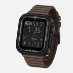 Digital watch with a brown strap on a light gray background