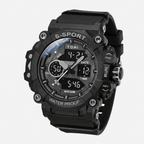Black sports watch with digital and analog display on a white background