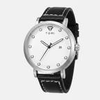 Black wristwatch with a white face and 'TOMI' branding on a white background