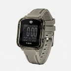 Digital watch with a beige strap on a white background, featuring the brand 'TOMI'.