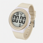 Digital watch with beige strap on a white background