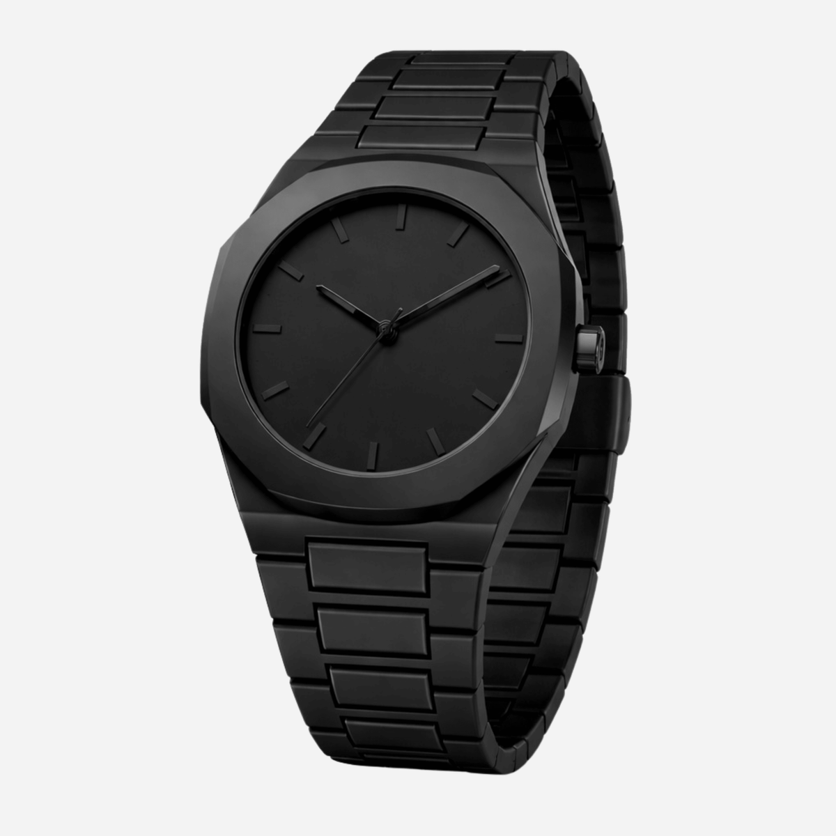 Black watch with a metallic strap on a light gray background