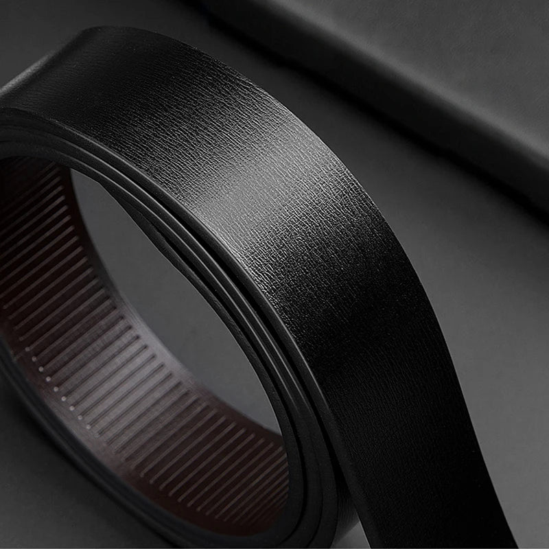 Black leather belt with a metallic buckle on a dark background