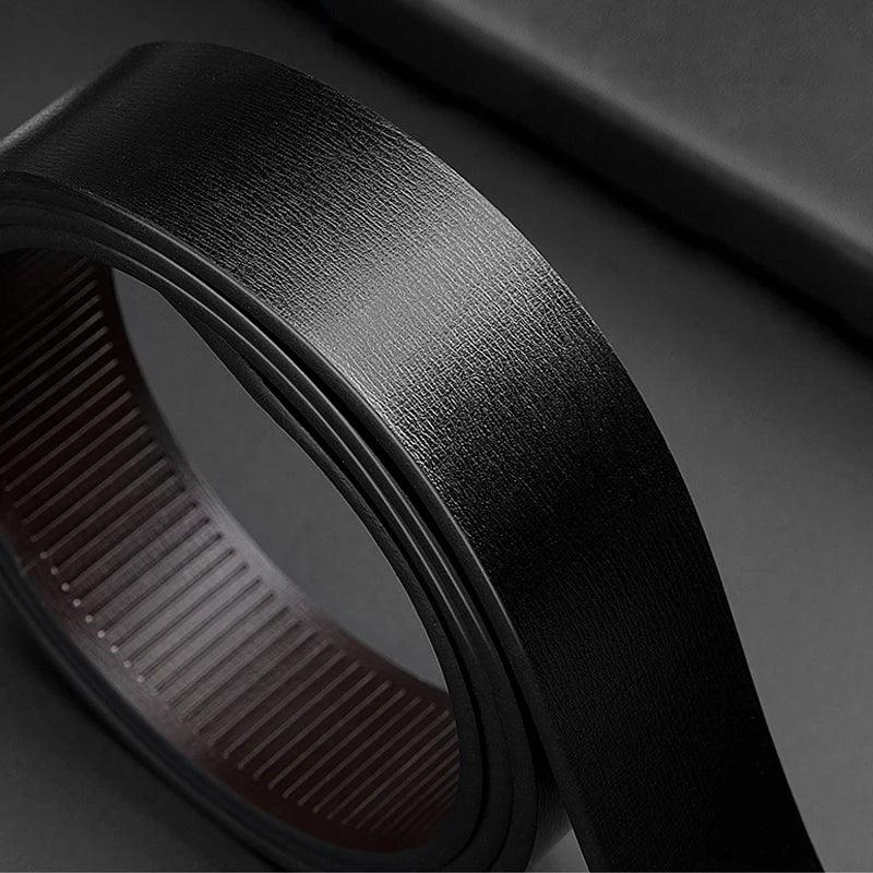 Black leather belt with a metallic buckle on a dark background