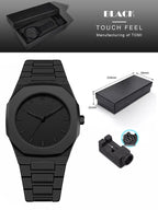 Black watch with packaging and dimensions on a white background