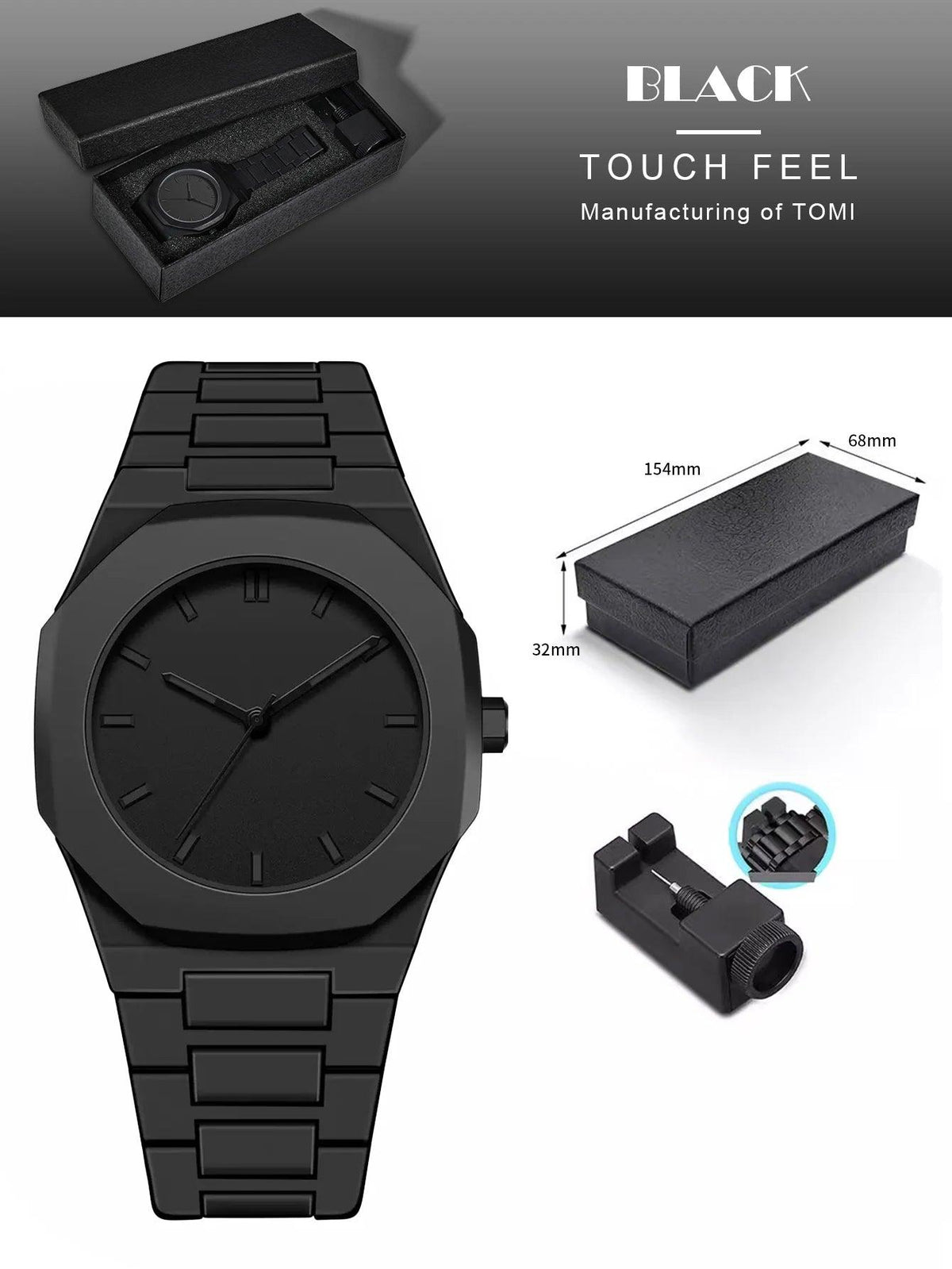Black watch with packaging and dimensions on a white background
