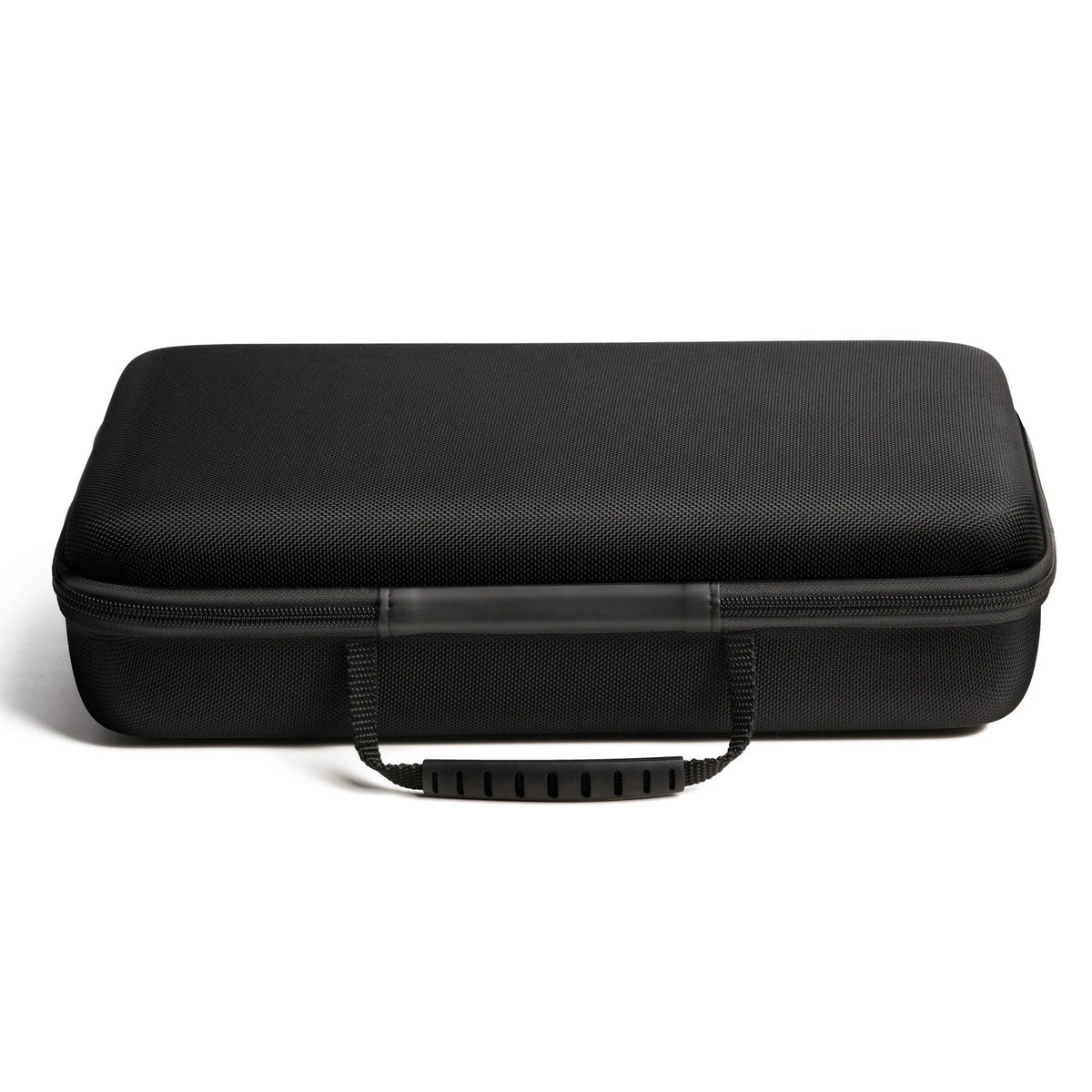Black hard-shell carrying case on a white background