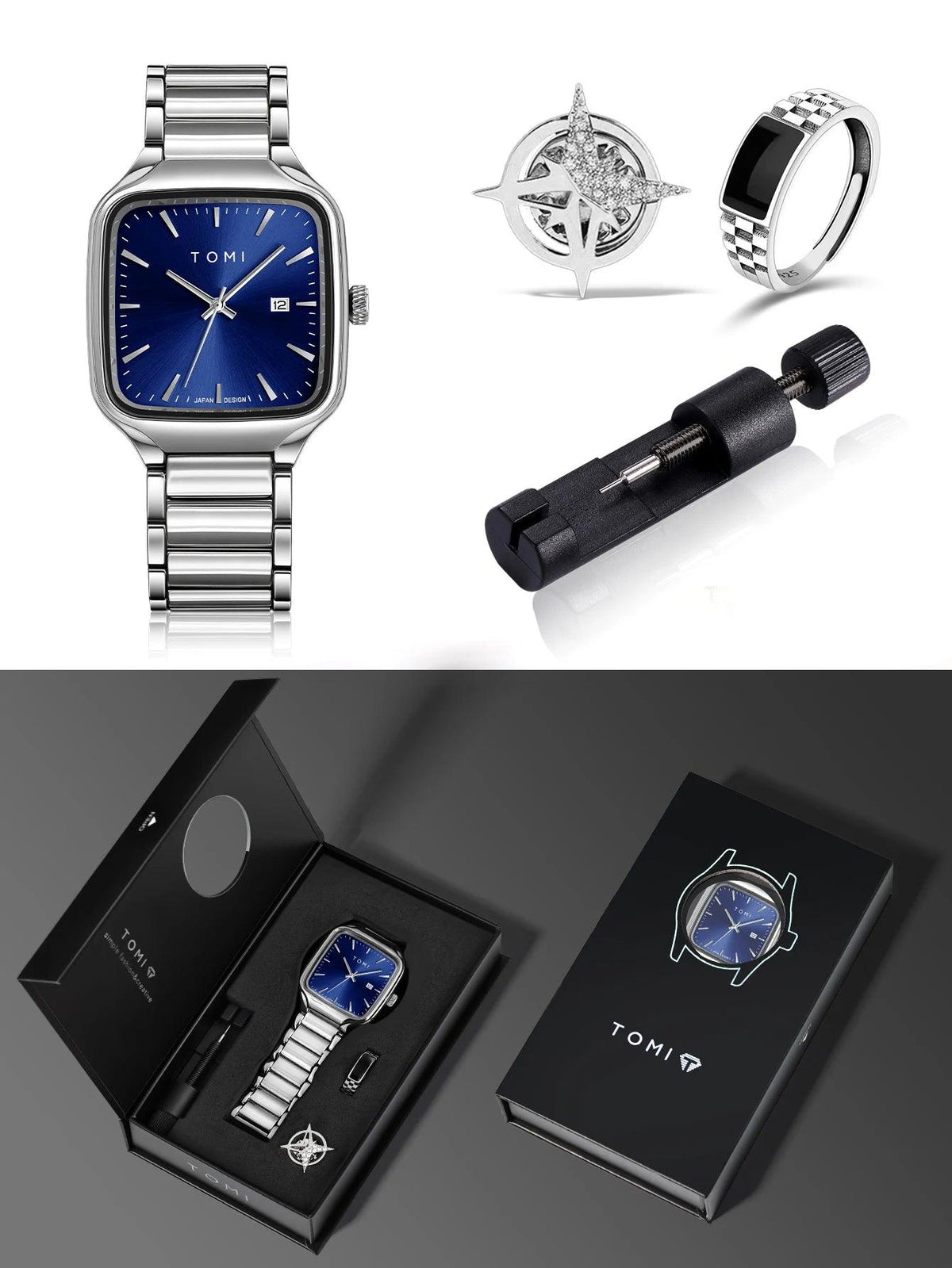 Collection of TOMI watches and accessories including a watch, ring, and black box with a watch on a gray background.