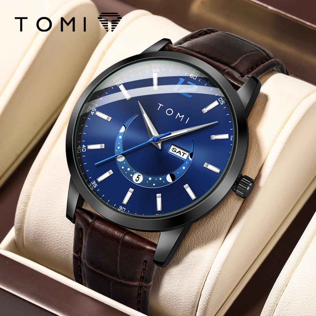 Tomi watch with blue dial and brown leather strap on a beige cushion