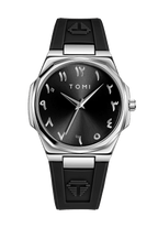 TOMI T051 black dial men's watch close-up, rubber strap