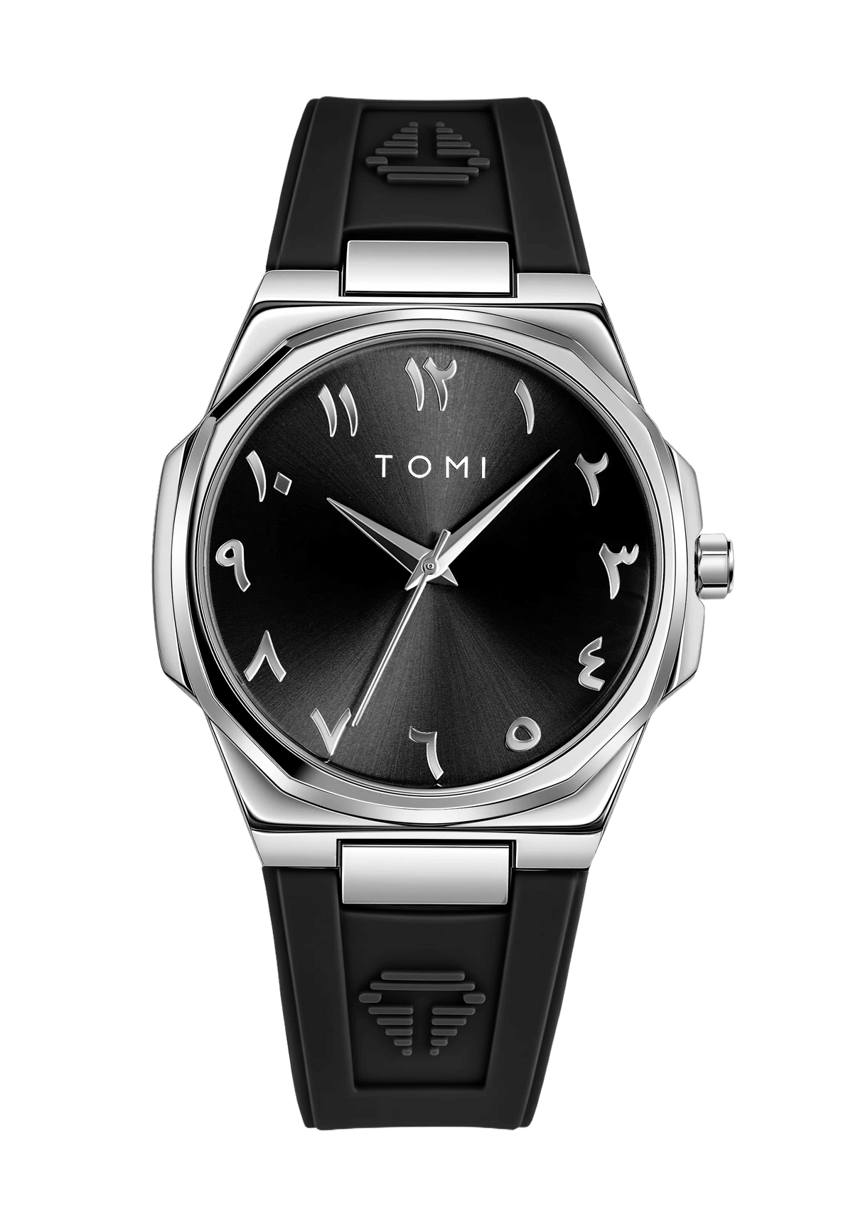 TOMI T051 black dial men's watch close-up, rubber strap