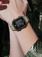 Digital watch on a wrist with a metallic strap