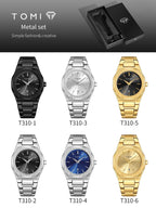 TOMI Metal set watch collection showing six models: T310-1 (black), T310-3 (silver, silver dial), T310-5 (gold, black dial), T310-2 (silver, black dial), T310-4 (silver, blue dial), and T310-6 (gold, gold dial), with a black presentation box at the top.