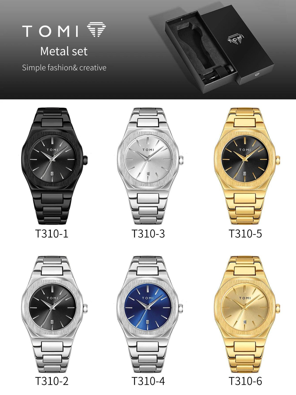 TOMI Metal set watch collection showing six models: T310-1 (black), T310-3 (silver, silver dial), T310-5 (gold, black dial), T310-2 (silver, black dial), T310-4 (silver, blue dial), and T310-6 (gold, gold dial), with a black presentation box at the top.