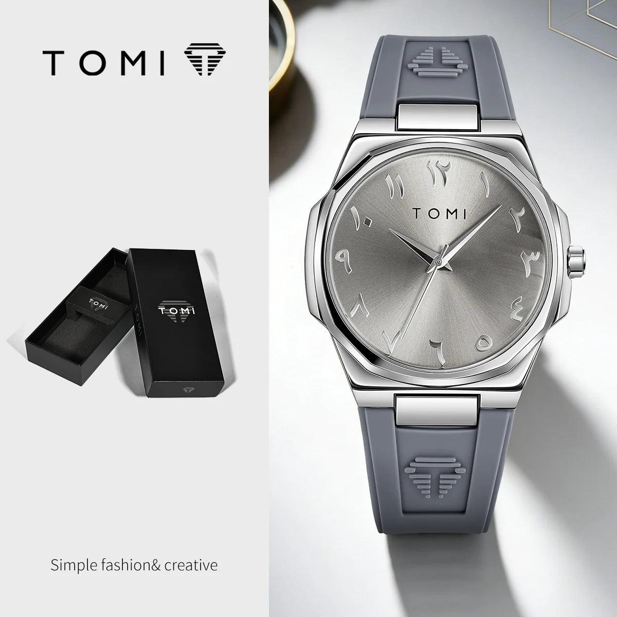 TOMI T051 silver dial men's quartz watch close-up